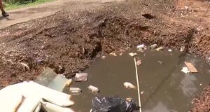 Vecindario de Alabama bajo riesgo sanitario por gran bache Gran bache profundo en un callejón urbano pavimentado con acumulación de escombros y daños en la acera.