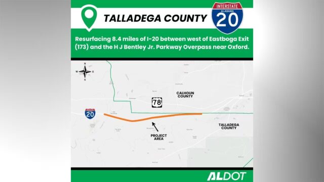Cierres nocturnos en la I-20 de Talladega por obras de pavimentación