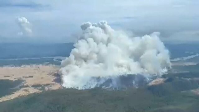 Vista aérea de una inmensa columna de humo blanco provocada por un incendio forestal en el Parque Nacional Palo Verde.