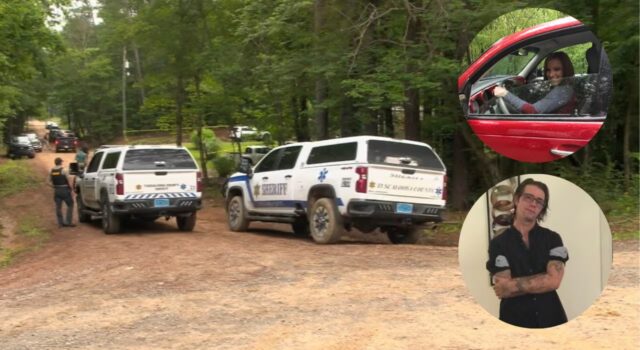 Tiroteo en Alabama: Acusan a hombre por muerte de su hermana Patrullas de la policía investigan el tiroteo en Alabama con los retratos de Kristie y Ricky Adkins superpuestos.