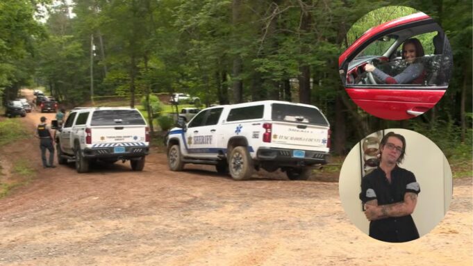 Tiroteo en Alabama: Acusan a hombre por muerte de su hermana Patrullas de la policía investigan el tiroteo en Alabama con los retratos de Kristie y Ricky Adkins superpuestos.