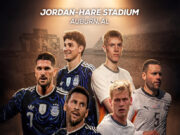 Argentina vs Islandia en Auburn: Todo sobre el partido amistoso Póster del partido Argentina vs Islandia en Jordan-Hare Stadium de Auburn, Alabama, con Lionel Messi.