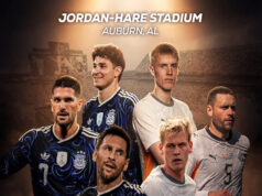Argentina vs Islandia en Auburn: Todo sobre el partido amistoso Póster del partido Argentina vs Islandia en Jordan-Hare Stadium de Auburn, Alabama, con Lionel Messi.