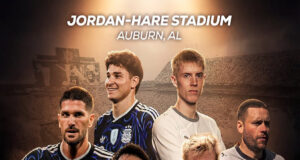 Argentina vs Islandia en Auburn: Todo sobre el partido amistoso Póster del partido Argentina vs Islandia en Jordan-Hare Stadium de Auburn, Alabama, con Lionel Messi.