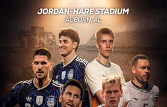 Argentina vs Islandia en Auburn: Todo sobre el partido amistoso Póster del partido Argentina vs Islandia en Jordan-Hare Stadium de Auburn, Alabama, con Lionel Messi.