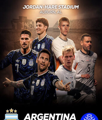 Argentina vs Islandia en Auburn: Todo sobre el partido amistoso Póster del partido Argentina vs Islandia en Jordan-Hare Stadium de Auburn, Alabama, con Lionel Messi.