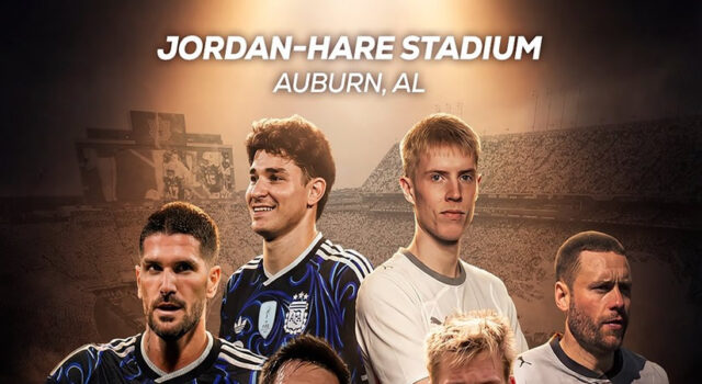 Argentina vs Islandia en Auburn: Todo sobre el partido amistoso Póster del partido Argentina vs Islandia en Jordan-Hare Stadium de Auburn, Alabama, con Lionel Messi.