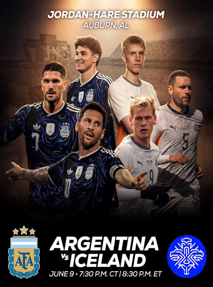 Argentina vs Islandia en Auburn: Todo sobre el partido amistoso Póster del partido Argentina vs Islandia en Jordan-Hare Stadium de Auburn, Alabama, con Lionel Messi.