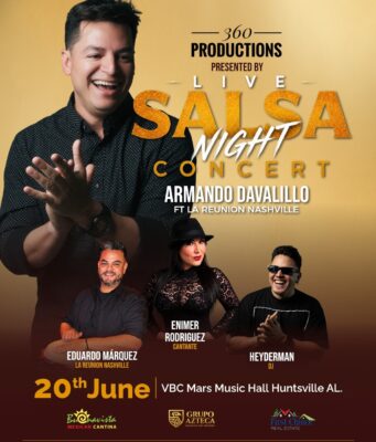 Concierto de salsa en Huntsville 2026: Entradas y artistas Póster de Live Salsa Night Concert en Huntsville con Armando Davalillo, Enimer Rodríguez y Eduardo Márquez.