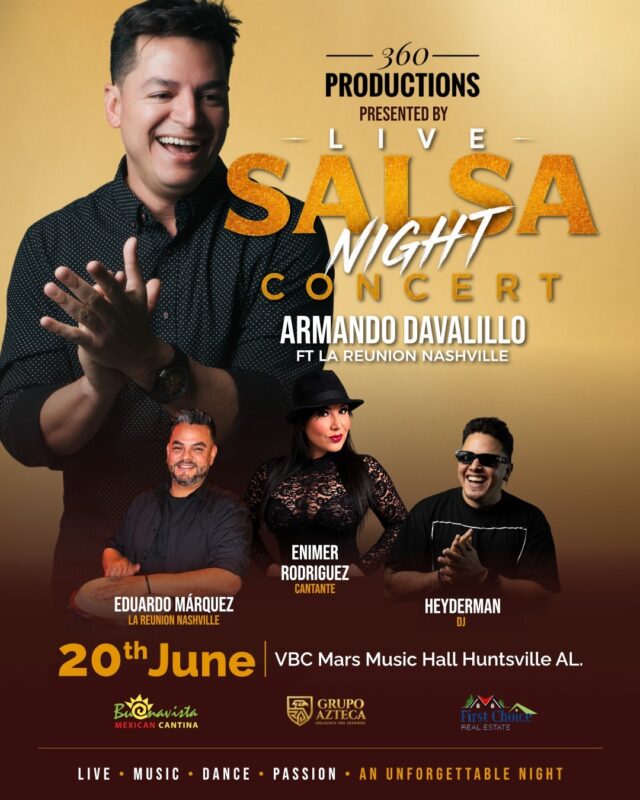 Póster de Live Salsa Night Concert en Huntsville con Armando Davalillo, Enimer Rodríguez y Eduardo Márquez.