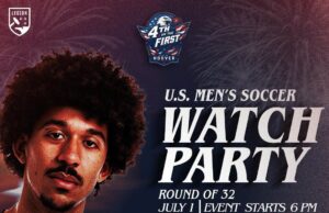 Fiesta del 4 de julio en Hoover tendrá récord Guinness Cartel promocional del evento 4th on the First en Hoover con la imagen del futbolista Chris Richards y detalles del festival.