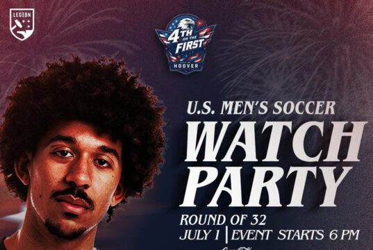 Fiesta del 4 de julio en Hoover tendrá récord Guinness Cartel promocional del evento 4th on the First en Hoover con la imagen del futbolista Chris Richards y detalles del festival.