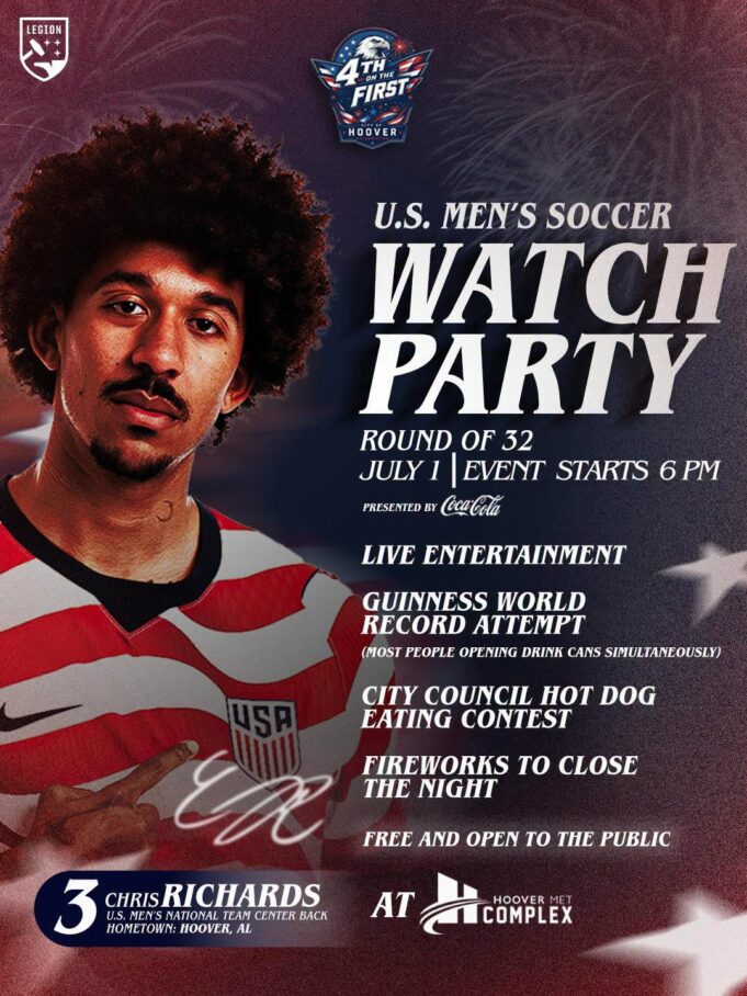 Fiesta del 4 de julio en Hoover tendrá récord Guinness Cartel promocional del evento 4th on the First en Hoover con la imagen del futbolista Chris Richards y detalles del festival.