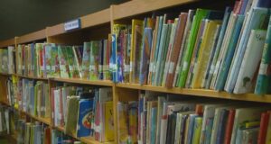 Resultados de la prueba ACAP de lectura en Alabama 2026 Estanterías de madera repletas de libros infantiles de colores en una biblioteca escolar de Alabama.
