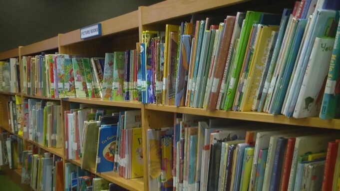 Resultados de la prueba ACAP de lectura en Alabama 2026 Estanterías de madera repletas de libros infantiles de colores en una biblioteca escolar de Alabama.