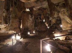 Rickwood Caverns estrena carretera y parque infantil moderno Interior iluminado del Parque Estatal Rickwood Caverns en Alabama mostrando formaciones rocosas subterráneas.