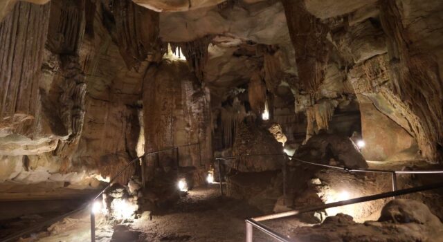 Rickwood Caverns estrena carretera y parque infantil moderno Interior iluminado del Parque Estatal Rickwood Caverns en Alabama mostrando formaciones rocosas subterráneas.