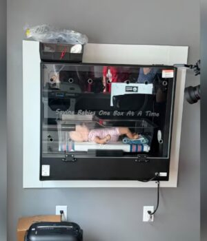 Safe Haven Baby Box: abren primera incubadora en Shelby Demostración de una muñeca dentro de la incubadora Safe Haven Baby Box instalada en la pared gris de la estación.