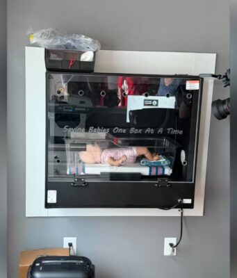 Safe Haven Baby Box: abren primera incubadora en Shelby Demostración de una muñeca dentro de la incubadora Safe Haven Baby Box instalada en la pared gris de la estación.