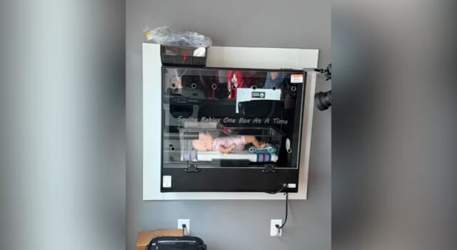 Safe Haven Baby Box: abren primera incubadora en Shelby Demostración de una muñeca dentro de la incubadora Safe Haven Baby Box instalada en la pared gris de la estación.