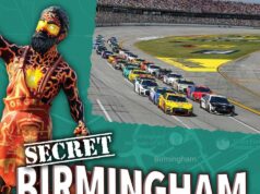 Guía de Birmingham revela los tesoros ocultos de la ciudad Portada del libro Secret Birmingham de Cherith Glover Fluker con fotos de la ciudad y una pista de carreras.