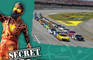Guía de Birmingham revela los tesoros ocultos de la ciudad Portada del libro Secret Birmingham de Cherith Glover Fluker con fotos de la ciudad y una pista de carreras.