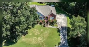 Trussville celebra el 250 aniversario de EE. UU. con arte Vista aérea de una casa en Trussville con un águila gigante y el texto USA 250 dibujados en el césped.