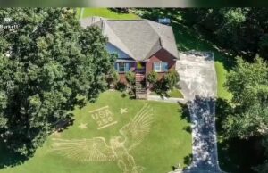 Trussville celebra el 250 aniversario de EE. UU. con arte Vista aérea de una casa en Trussville con un águila gigante y el texto USA 250 dibujados en el césped.