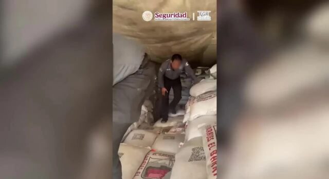 Incautan 3 toneladas de metanfetamina en Sonora Agentes inspeccionan costales con decomiso de metanfetamina en la caja de un camión en México.