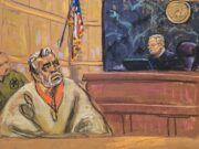 El Mayo Zambada acepta cadena perpetua en Estados Unidos Dibujo de corte que muestra al narcotraficante mexicano El Mayo Zambada con barba canosa y traje beige ante un juez de Estados Unidos.