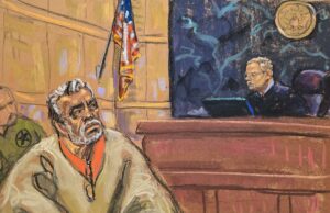 El Mayo Zambada acepta cadena perpetua en Estados Unidos Dibujo de corte que muestra al narcotraficante mexicano El Mayo Zambada con barba canosa y traje beige ante un juez de Estados Unidos.