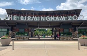 Alabama elige al Zoológico de Birmingham atracción del año Entrada principal del Zoológico de Birmingham en Alabama con el letrero gigante en letras blancas bajo un cielo despejado.