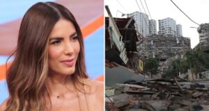 Gaby Espino responde a críticas por negocio tras sismo Gaby Espino sonríe junto a una escena de edificios destruidos por el terremoto en Venezuela.