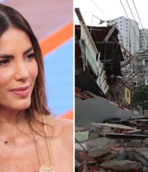 Gaby Espino responde a críticas por negocio tras sismo Gaby Espino sonríe junto a una escena de edificios destruidos por el terremoto en Venezuela.