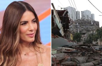 Gaby Espino responde a críticas por negocio tras sismo Gaby Espino sonríe junto a una escena de edificios destruidos por el terremoto en Venezuela.