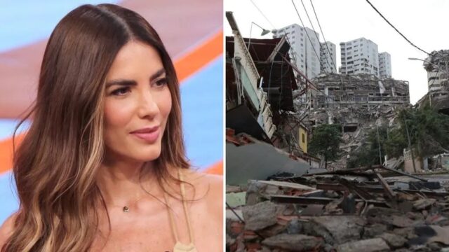 gaby-espino-criticas-terremoto-venezuela-destruccion Gaby Espino sonríe junto a una escena de edificios destruidos por el terremoto en Venezuela.