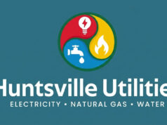 Cortes de luz en el condado de Madison por fuertes tormentas Logotipo corporativo oficial de Huntsville Utilities sobre fondo azul oscuro durante reportes de tormentas.