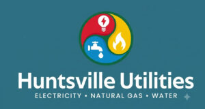 Cortes de luz en el condado de Madison por fuertes tormentas Logotipo corporativo oficial de Huntsville Utilities sobre fondo azul oscuro durante reportes de tormentas.