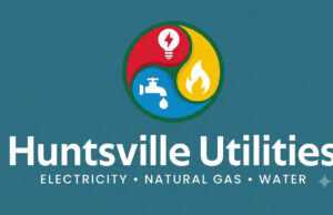 Cortes de luz en el condado de Madison por fuertes tormentas Logotipo corporativo oficial de Huntsville Utilities sobre fondo azul oscuro durante reportes de tormentas.