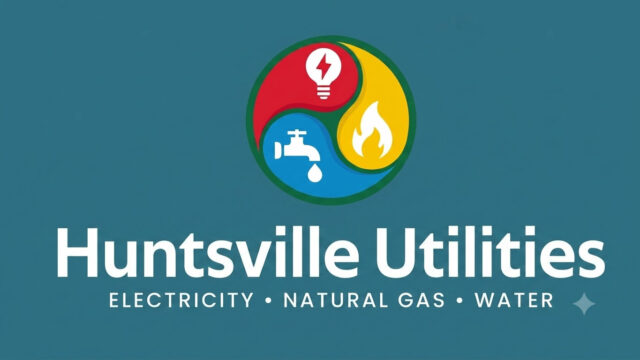 huntsville-utilities-logo-apagon-condado-madison Logotipo corporativo oficial de Huntsville Utilities sobre fondo azul oscuro durante reportes de tormentas.