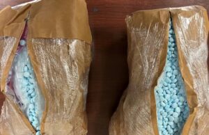 Traficante admite enviar 20.000 pastillas de carfentanilo Paquetes incautados envueltos en papel y plástico con miles de pastillas azules de carfentanilo.