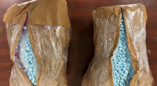 Traficante admite enviar 20.000 pastillas de carfentanilo Paquetes incautados envueltos en papel y plástico con miles de pastillas azules de carfentanilo.