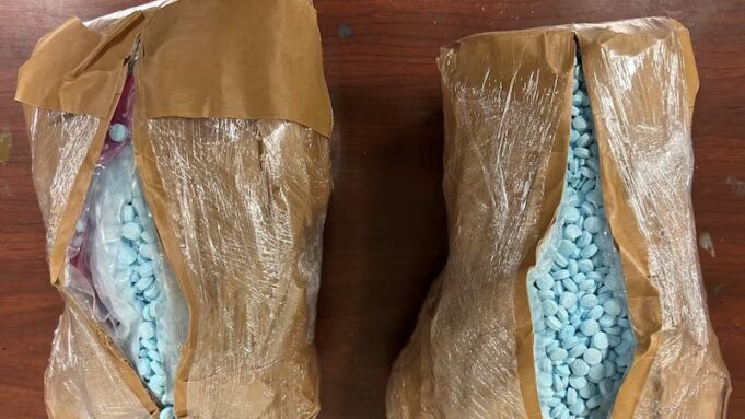 Traficante admite enviar 20.000 pastillas de carfentanilo Paquetes incautados envueltos en papel y plástico con miles de pastillas azules de carfentanilo.