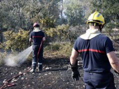 Incendios masivos en Francia arrasan miles de hectáreas Dos bomberos rociando agua sobre matorrales quemados durante los incendios en Francia.