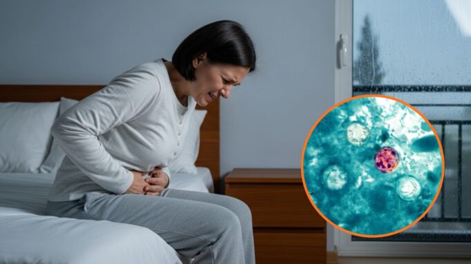 Alerta de salud por brote de ciclosporiasis y diarrea Mujer sentada en la cama expresando dolor abdominal intenso junto a micrografía del parásito Cyclospora cayetanensis.