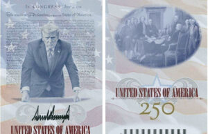 Pasaportes con la imagen de Donald Trump emitirá EE. UU. Diseño de pasaporte conmemorativo de Estados Unidos con la imagen y firma de Donald Trump por el 250 aniversario.