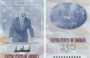 Pasaportes con la imagen de Donald Trump emitirá EE. UU. Diseño de pasaporte conmemorativo de Estados Unidos con la imagen y firma de Donald Trump por el 250 aniversario.