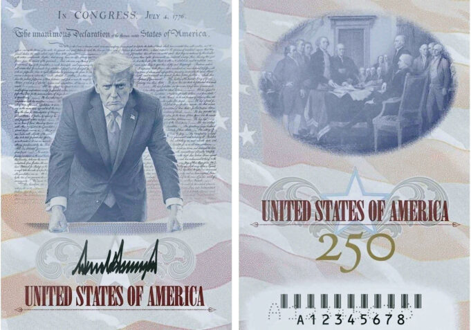 Pasaportes con la imagen de Donald Trump emitirá EE. UU. Diseño de pasaporte conmemorativo de Estados Unidos con la imagen y firma de Donald Trump por el 250 aniversario.