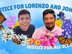 Inmigración desata protestas masivas en todo EE. UU. Retratos de Lorenzo Salgado y Johan Guerrero rodeados de flores con lemas de justicia e inmigración.
