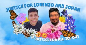 Inmigración desata protestas masivas en todo EE. UU. Retratos de Lorenzo Salgado y Johan Guerrero rodeados de flores con lemas de justicia e inmigración.